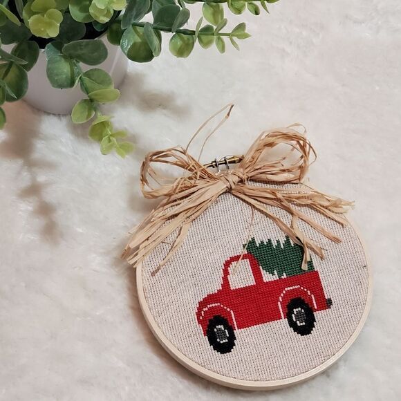 Handmade Cross-stitched Red Truck w Christmas Tree, Approximately 6.25" diameter - Picture 1 of 3